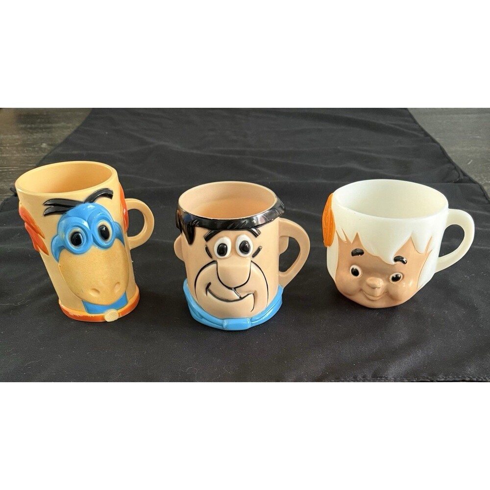 Flintstones Vintage Mugs 1968 & 1972 Hanna Barbera Fred, Bamm-Bamm, Dino - CLEAN